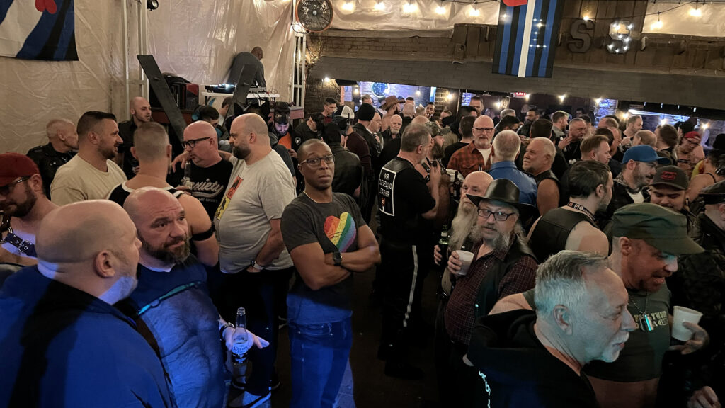 Crowded outdoor space at the Leather Stallion Saloon.