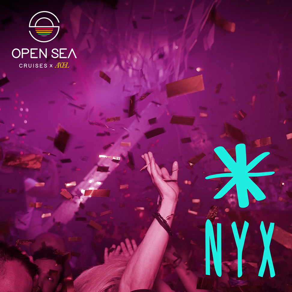 A promotional poster for the NYX party, which will be featured on Open Sea Cruises' new cruise in September. The poster showcases a man dancing with his hand in the air, has a light pink overlay with blue text.
