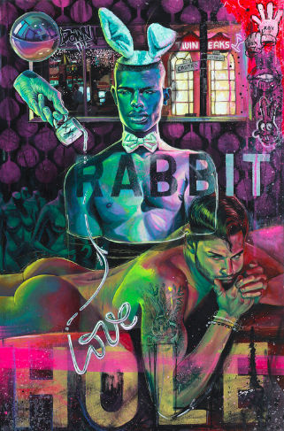Down the Rabbit Hole, a painting by Serge Jr, a San Francisco based LGBTQ artist, which showcases a nude man.