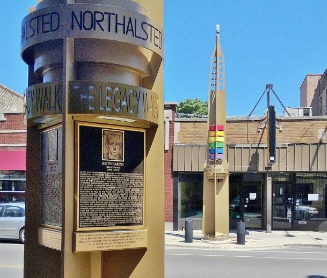 Two of the pylon's on Chicago's LGBT Legacy Walk