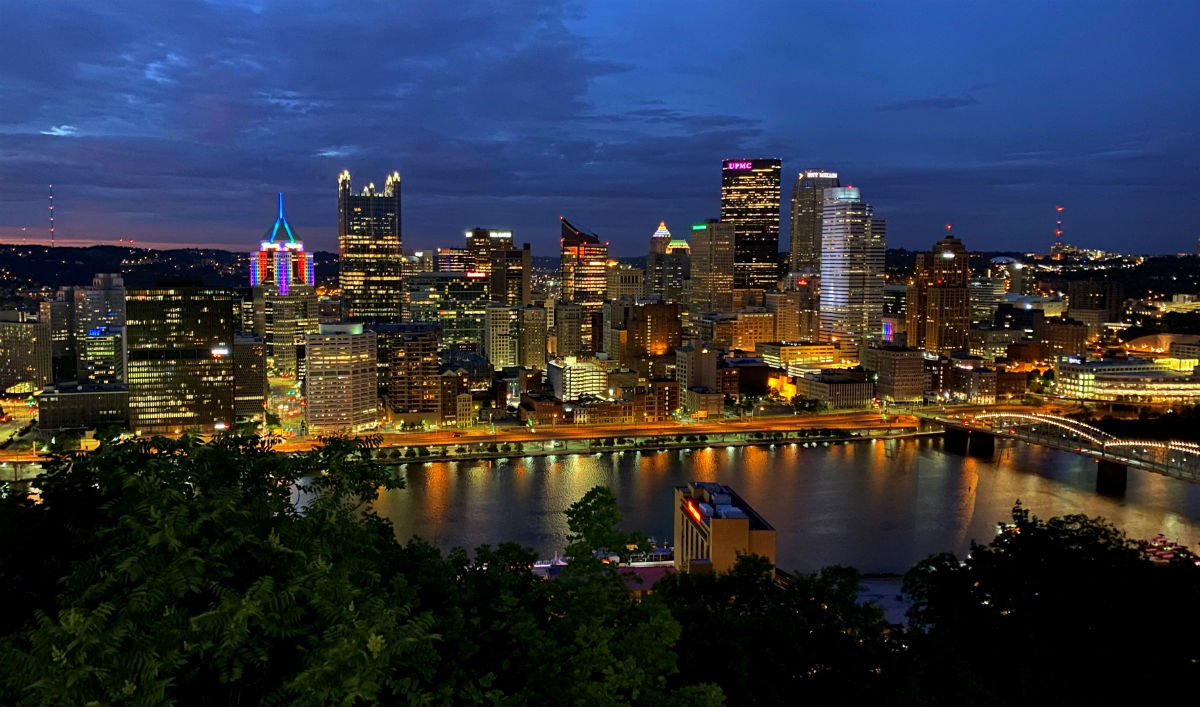 The Pittsburgh skyline from Mount Washington, with the rainbow-lit Highmark Building on the left
