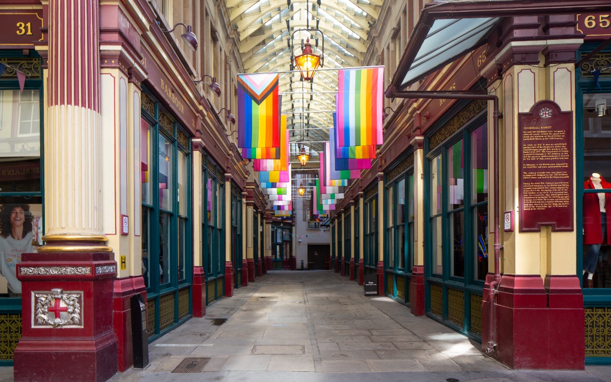 Pride flags at Leadenhall Market in London