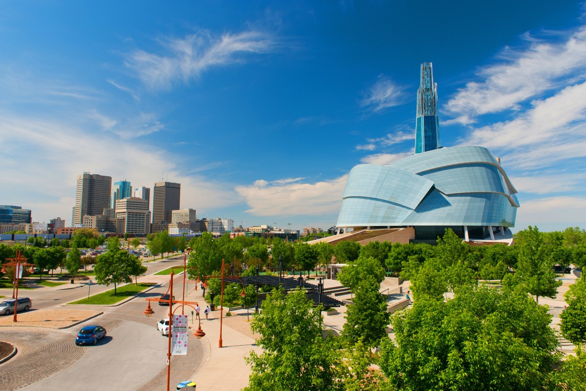 The Winnipeg skyline, with the distinctive Canadian Museum of Human Rights on the right