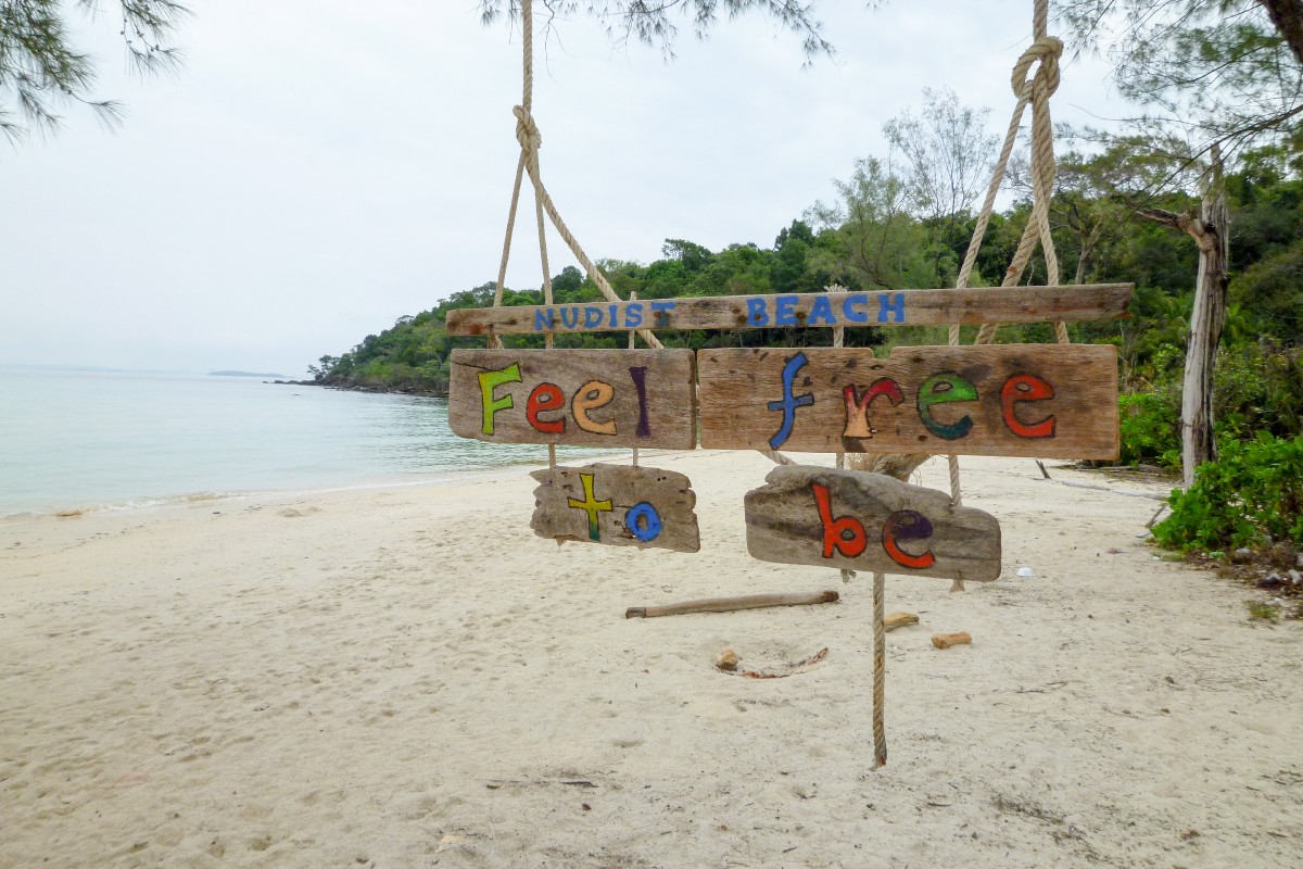 A sign marking a beach as clothing-optional on Koh Rong Sanloem island, Cambodia